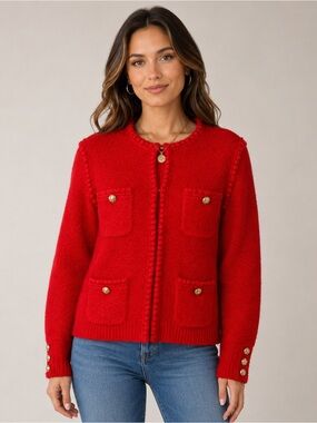 J.Crew Red Bouclé Sweater Lady Jacket Cardigan Merino Alpaca Size Medium NWT
